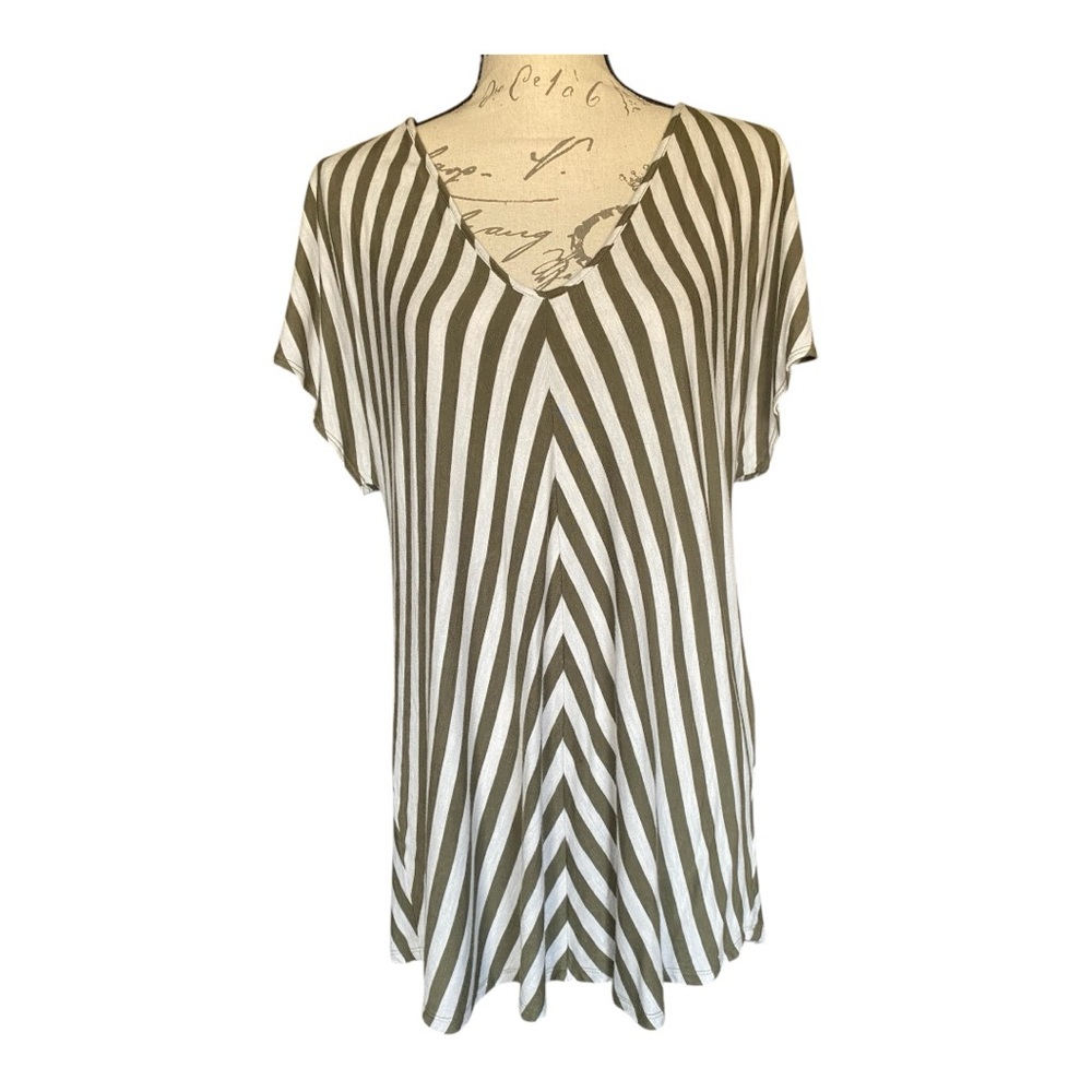 Jones New York Olive Green Striped Low Cut V-Neck Women's Blouse Large EUC